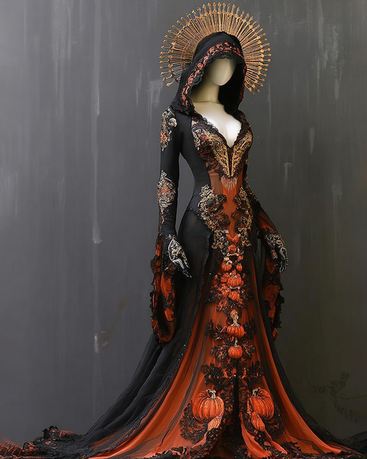 Halloween themed gradient pumpkin embroidered ruffled hooded dress 2dbd