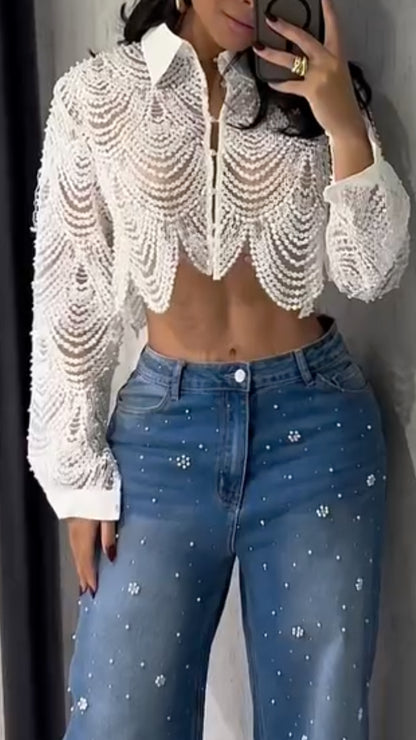Women's Lapel Top with Cutouts and Beading