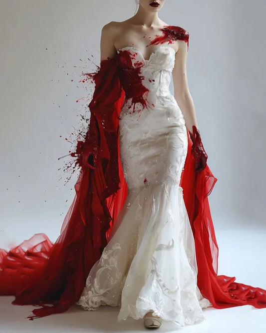 Halloween Themed Bloodstained Lace Mesh Embroidered Beaded Dress 14c5