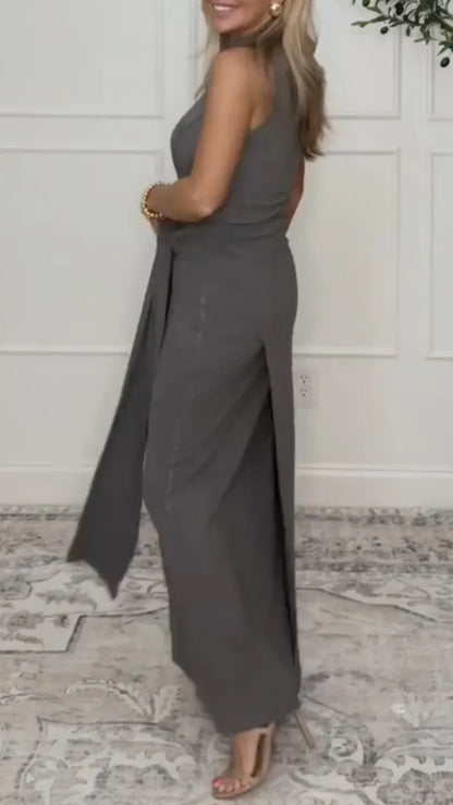 Grey Halter Neck Tie‑Waist Wrap Maxi Dress