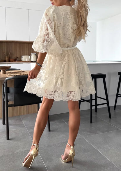 Women's Beige V-Neck Puff Sleeve Lace Embroidered Belted Mini Dress
