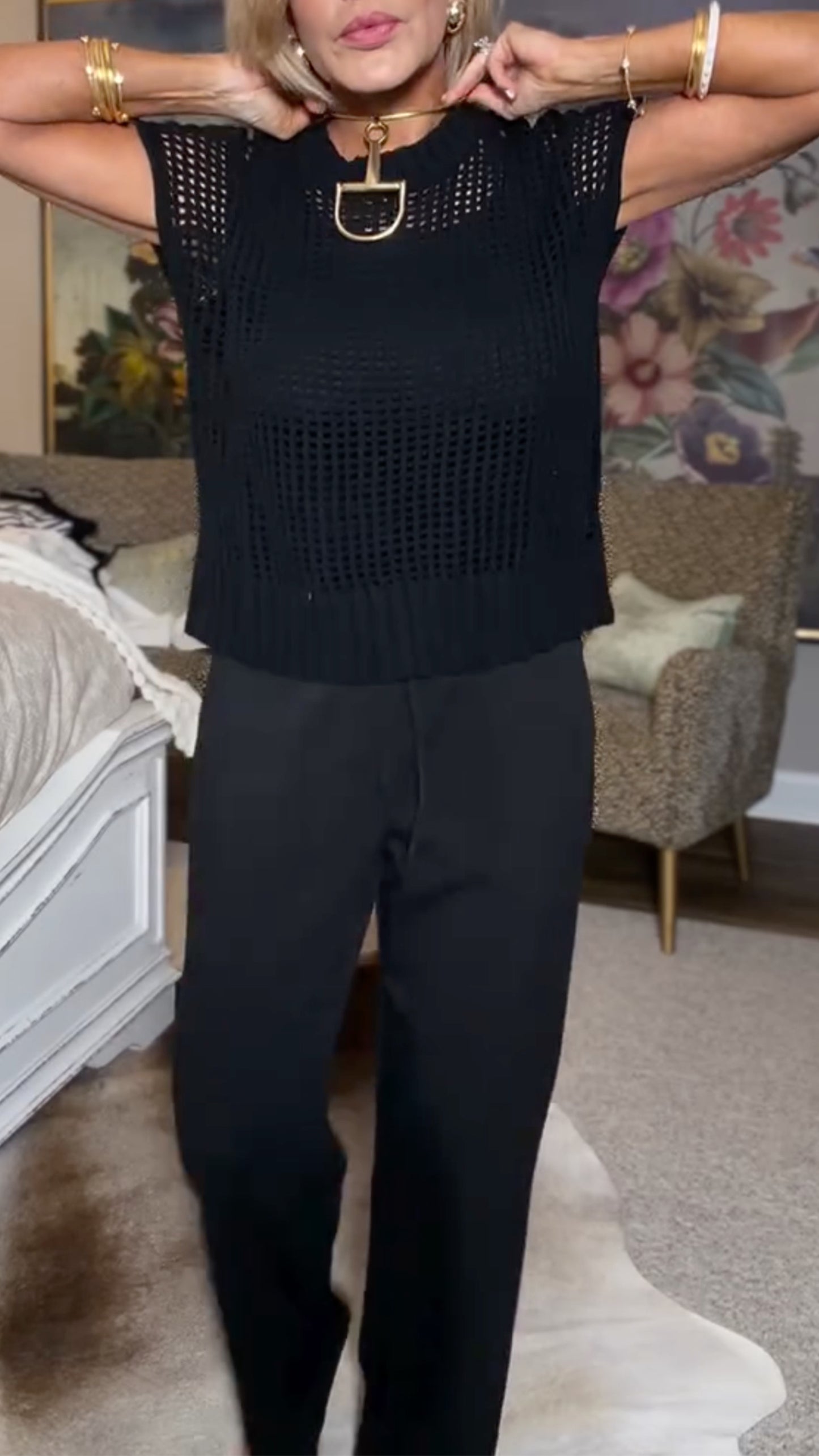 Women's Crew Neck Open-Knit Top + Drawstring Flared Pants Set