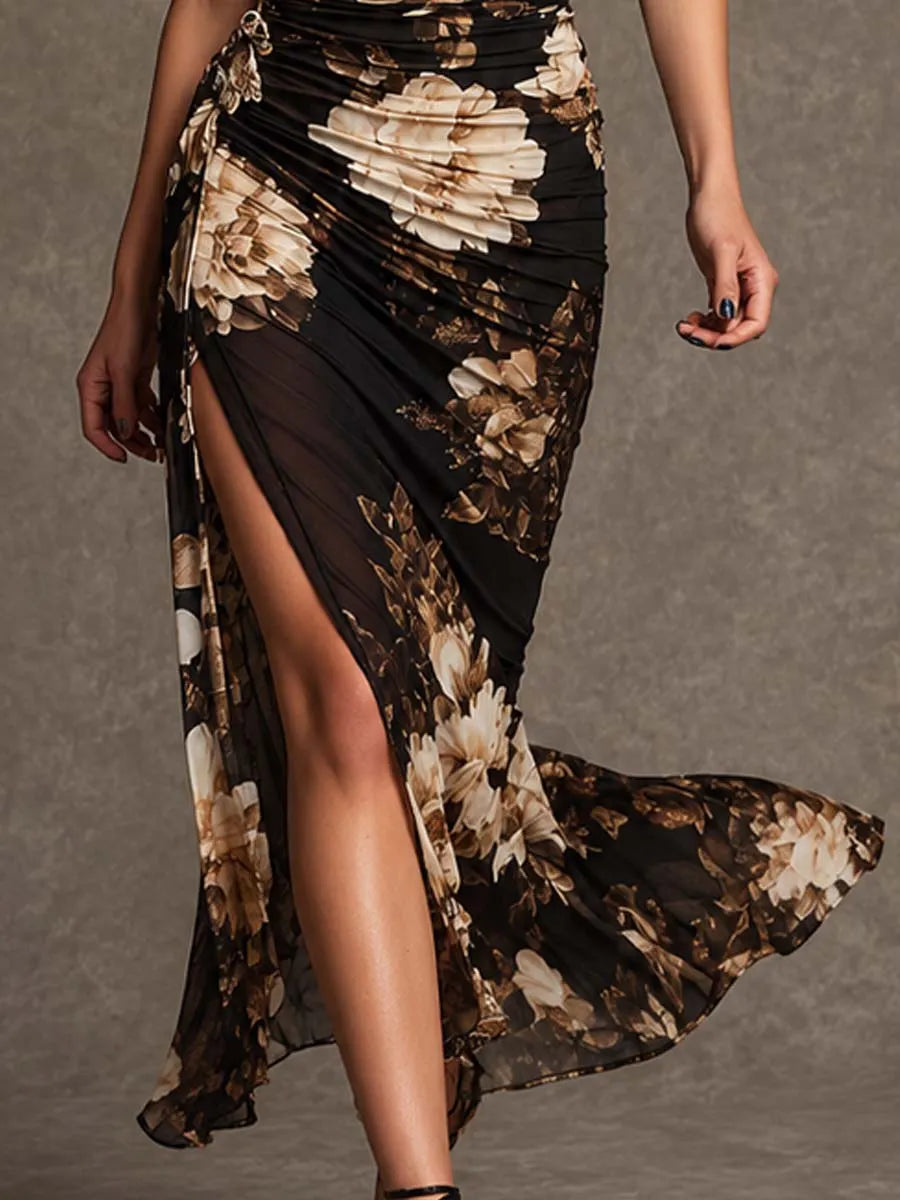 Vintage Floral Mesh Wrap Ruched High Slit Mermaid Maxi Dress
