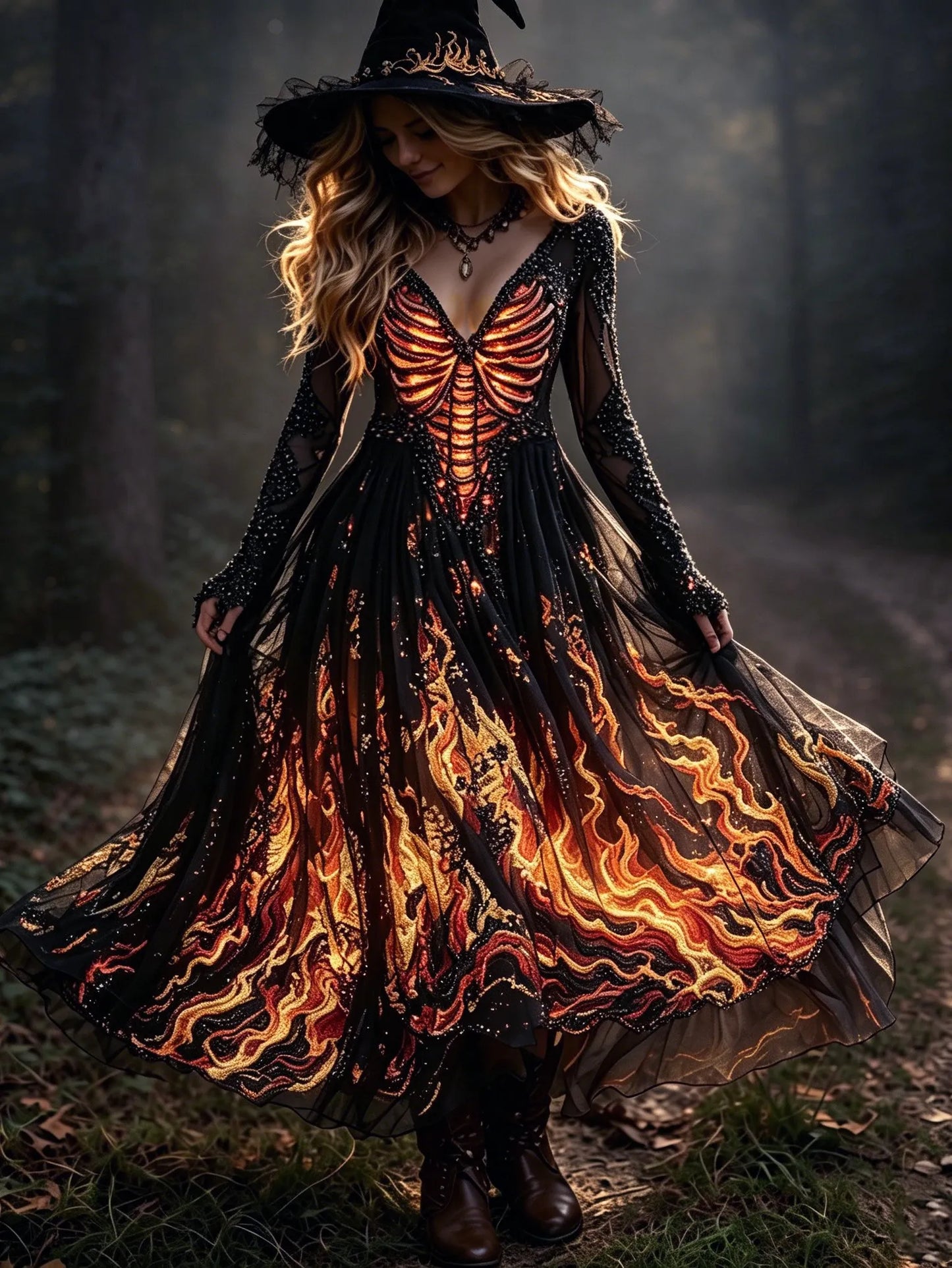Women's Retro Halloween Style Skull And Flame Print Dress