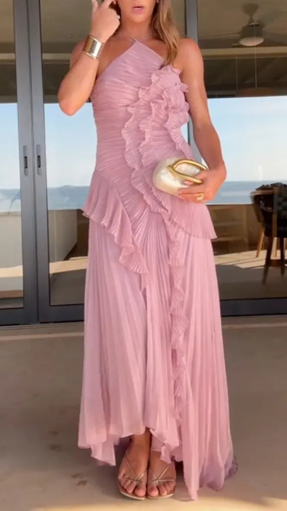 Pleated Ruffle Asymmetrical Hem Halter Neck Maxi Dress