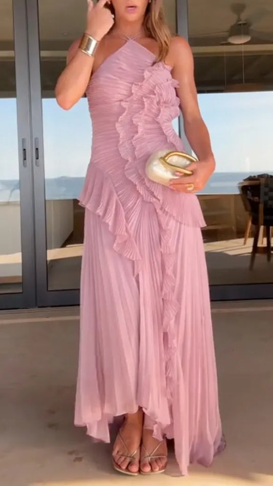 Pleated Ruffle Asymmetrical Hem Halter Neck Maxi Dress