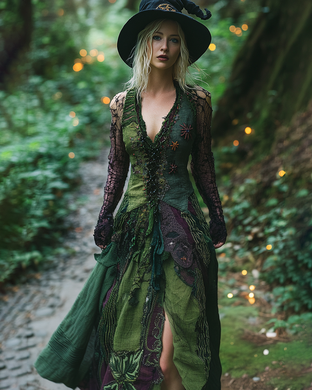 Halloween Themed Patchwork Embroidered Witch Dress  b85a