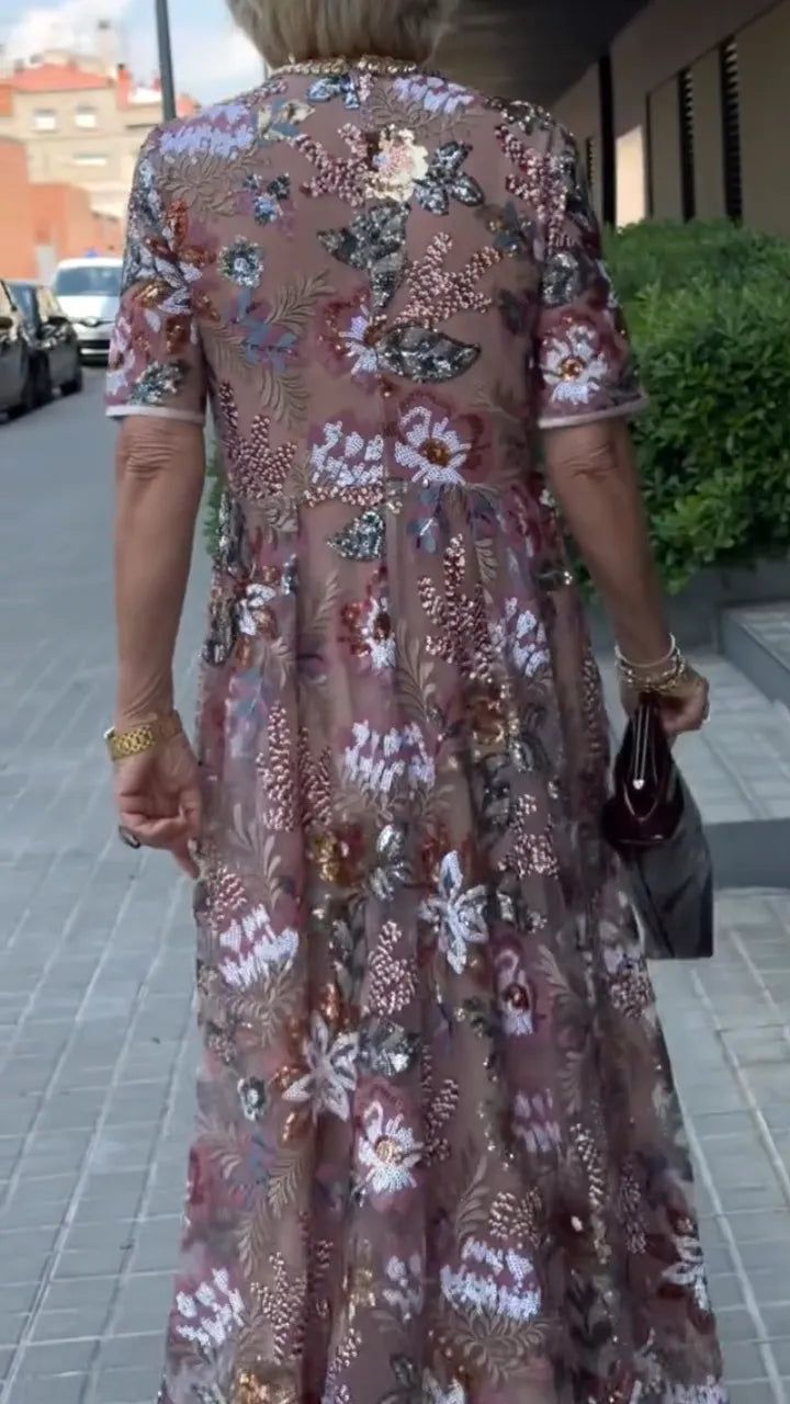 Floral Embroidered Tulle Midi Dress