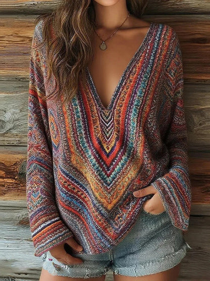 Women's Striped Art Print Casual V-neck Long Sleeve Top