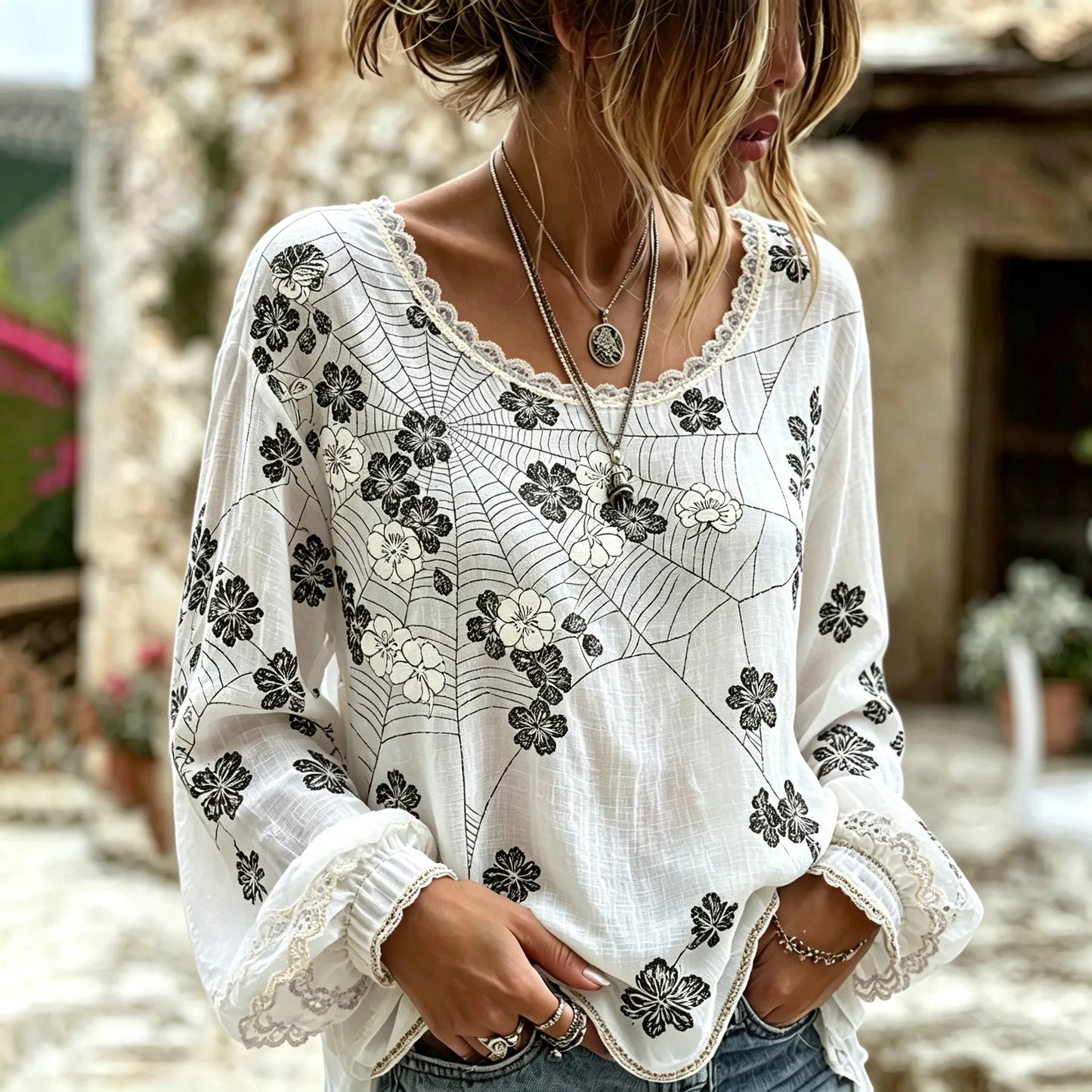 Women's Vintage Spider Web And Floral Print Top