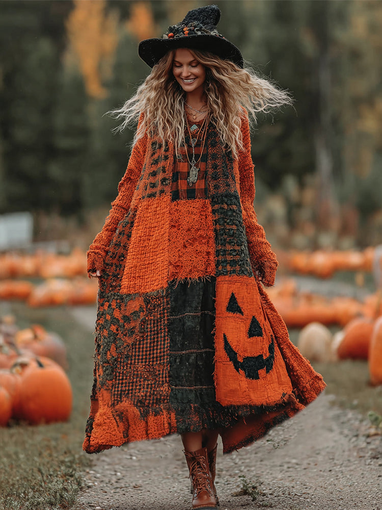 Vintage Halloween Pumpkin Face Patchwork Art Cozy Knit Maxi Dress