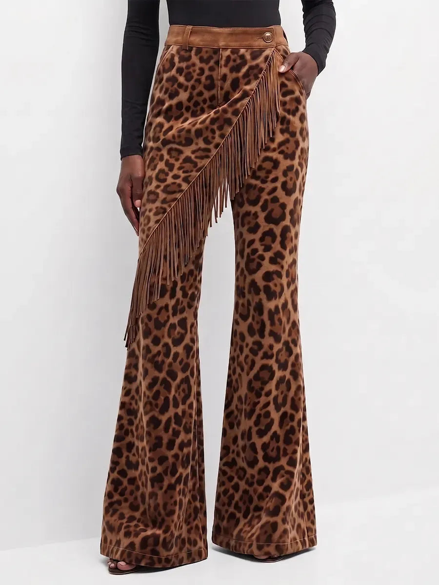 Bold Leopard Print Asymmetrical Fringe Flared Pants