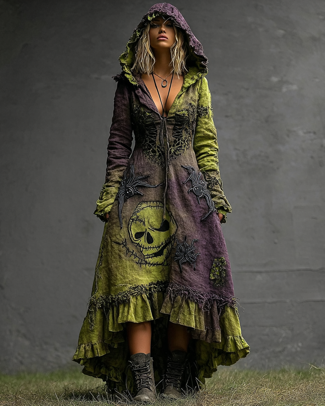 Halloween Themed Irregular Gradient Lace Patchwork Embroidered Hooded Dress 06a3