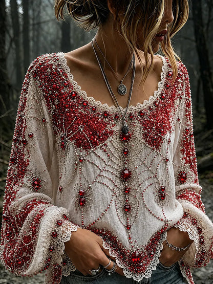 Women's Vintage Halloween Spider And Web Flower Embroidery Art Crew Neck Long Sleeve T-shirt