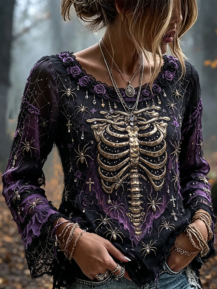Vintage Halloween Skull And Spider Art Distressed Gradient Casual Linen Cotton Long Sleeve Top