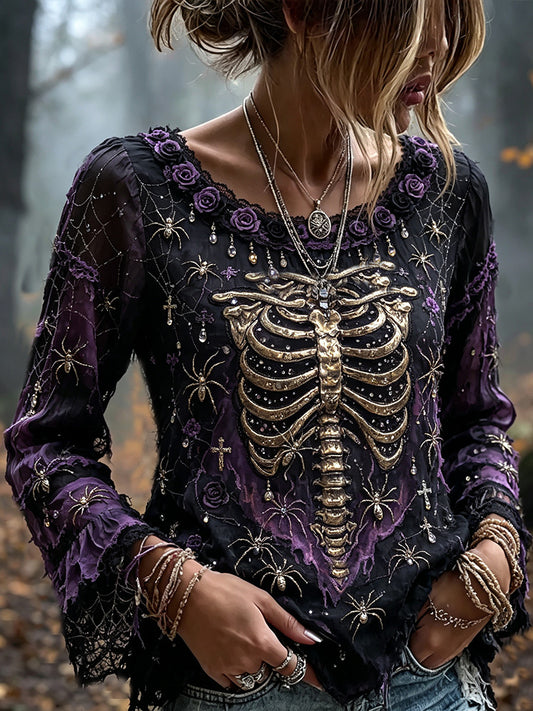 Vintage Halloween Skull And Spider Art Distressed Gradient Casual Linen Cotton Long Sleeve Top