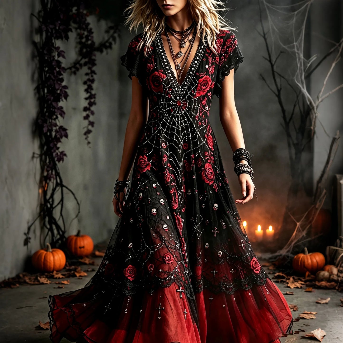 Women's Vintage Halloween Rose And Spiderweb Art V-neck Short Sleeve Maxi Dress
