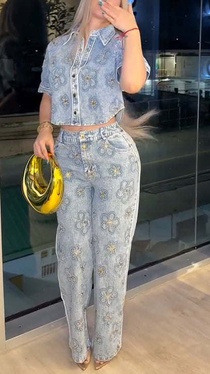 Light Wash Gold Floral Embroidered Denim 2 Piece Set