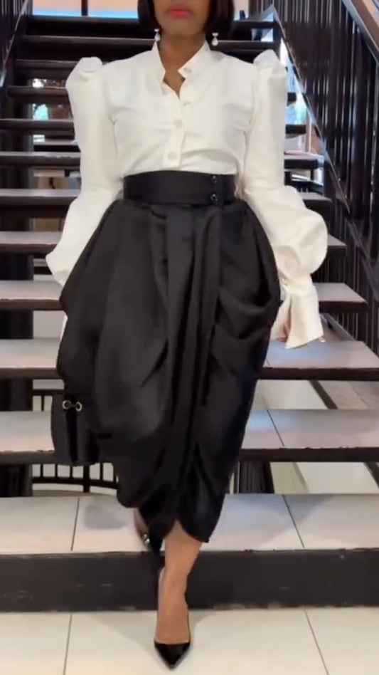 White Puff Sleeve Shirt & Black Draped Skirt Set