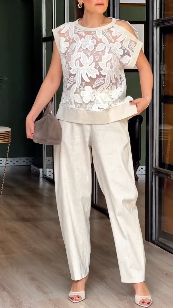 Floral Lace Cold-Shoulder Top & Trousers Co-Ord Set