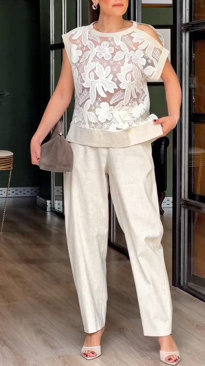 Floral Lace Cold-Shoulder Top & Trousers Co-Ord Set