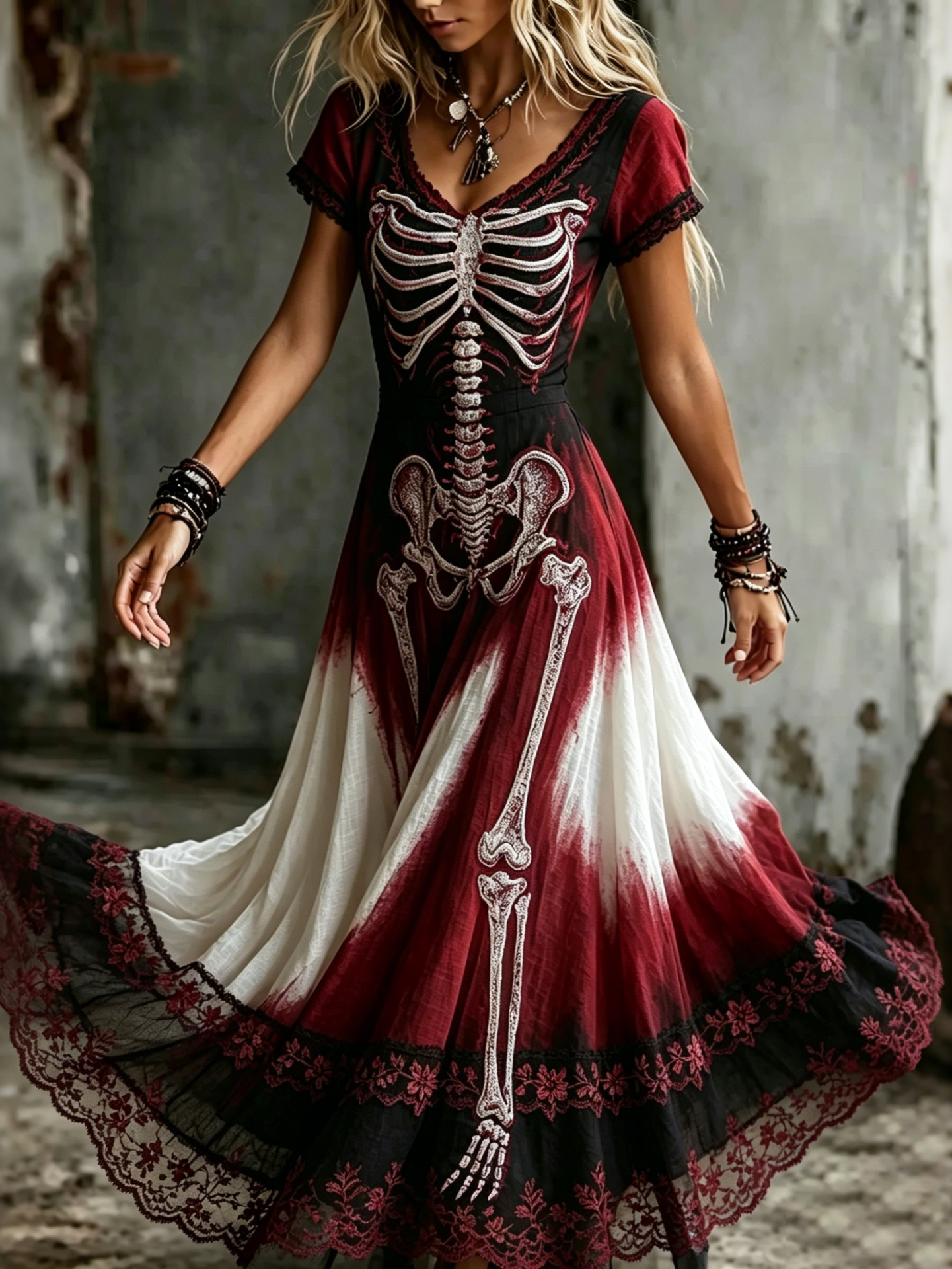 Women's Retro Gothic Skull Floral Lace Gradient Pattern Print Short-sleeve Mixi Dress