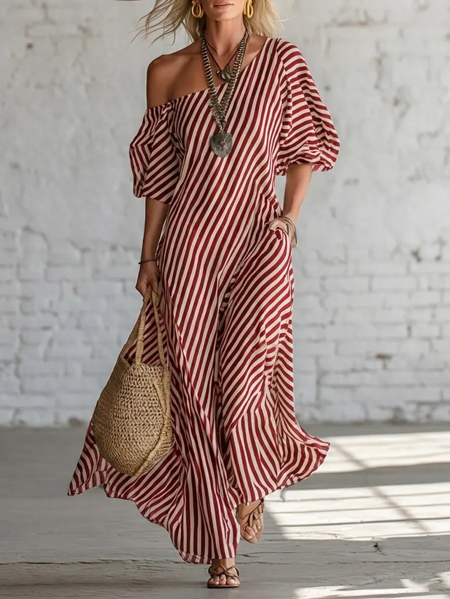 Elegant And Classic Striped Off-shoulder Maxi Dress