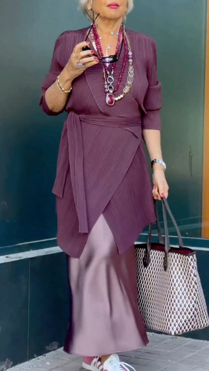 Purple Pleated Wrap Tunic & Satin Skirt Co-Ord Set