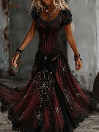 Women's Vintage Spider Web Art V-neck Short Sleeve Maxi Dress