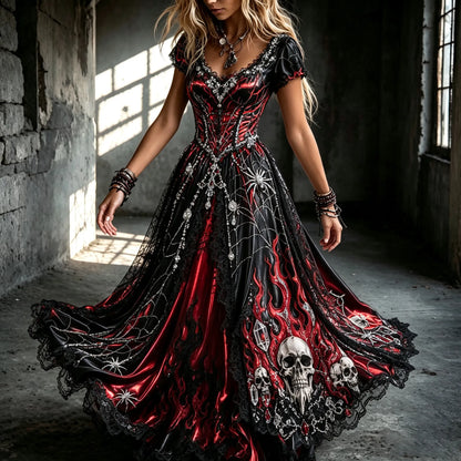 Women's Dark Gothic Spider Skull Flame Design V-neck Short-sleeved Dress