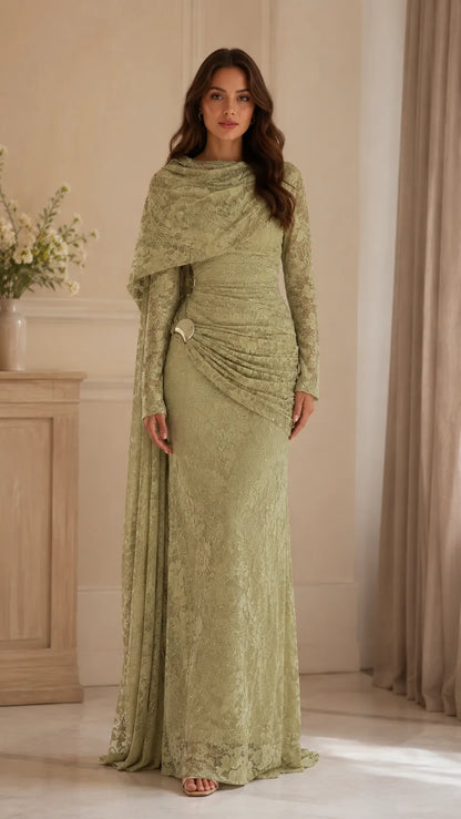Beaded Lace Draped Cape Mermaid Gown
