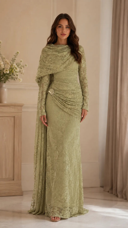 Beaded Lace Draped Cape Mermaid Gown