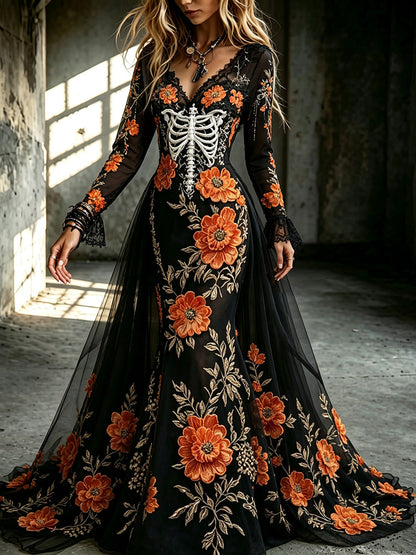 Women's Dark Floral Skull Design V-neck Cotton Linen Long-sleeved Dress