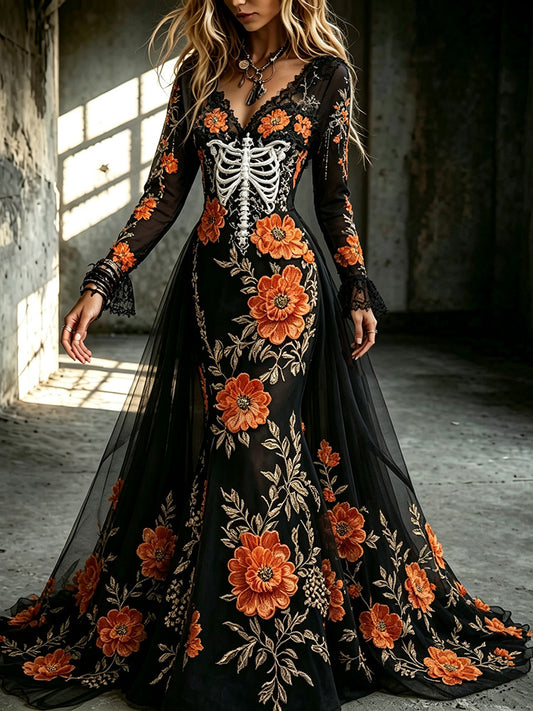 Women's Dark Floral Skull Design V-neck Cotton Linen Long-sleeved Dress