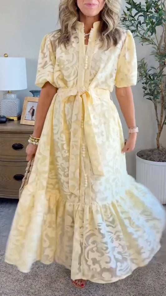 Yellow Floral Jacquard Midi Dress