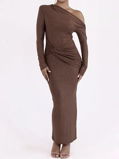 One-shoulder sexy ruched slim-fit long-sleeved bodycon dress