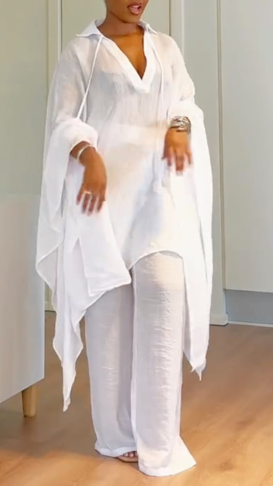 Sheer Oversized Tunic & Wide Leg Pants Co‑Ord Set