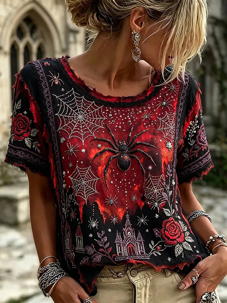 Women's Halloween Spider And Rose Art Rhinestone Vintage Crew Neck Short Sleeve Top