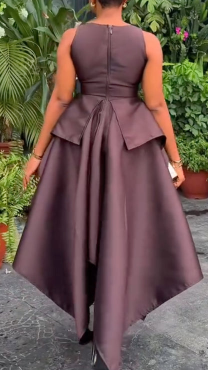 Round Neck Sleeveless Peplum Asymmetrical Maxi Dress
