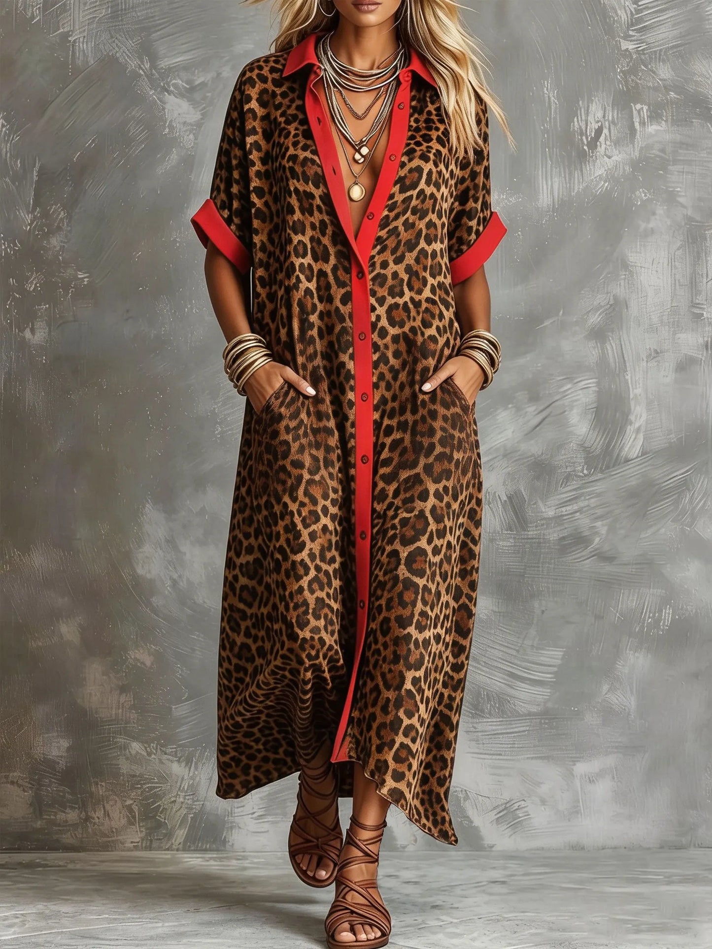 Women’s Red Trim Leopard Print Short Sleeve Chiffon Shirt Maxi Dress With Pockets