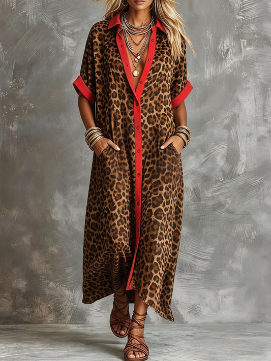 Women’s Red Trim Leopard Print Short Sleeve Chiffon Shirt Maxi Dress With Pockets