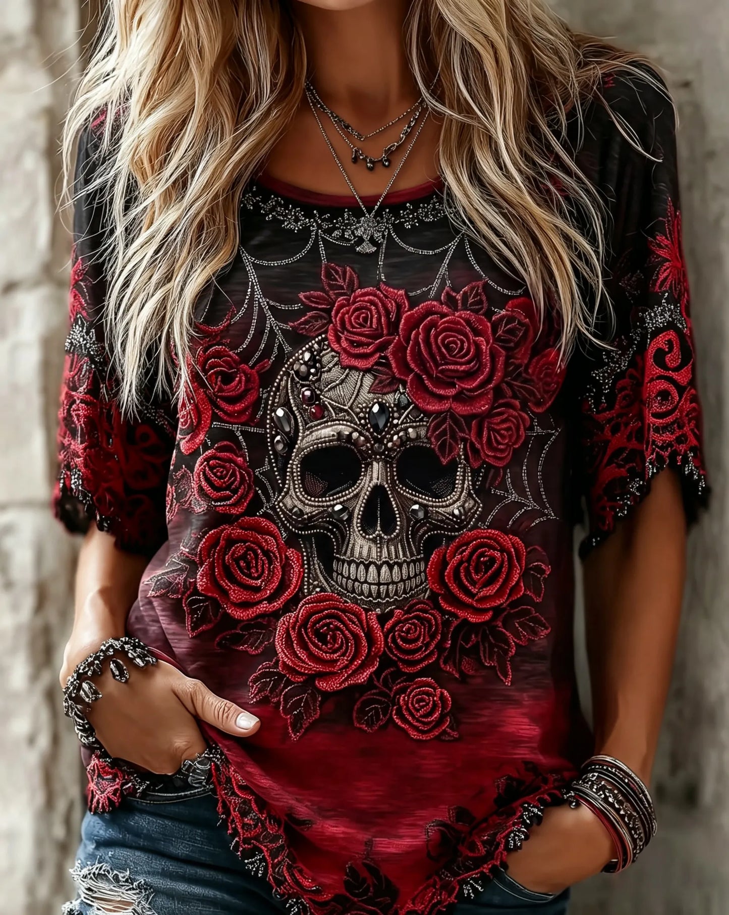 Vintage Gothic Skull Spider Flower Embroidery Short Sleeve Top