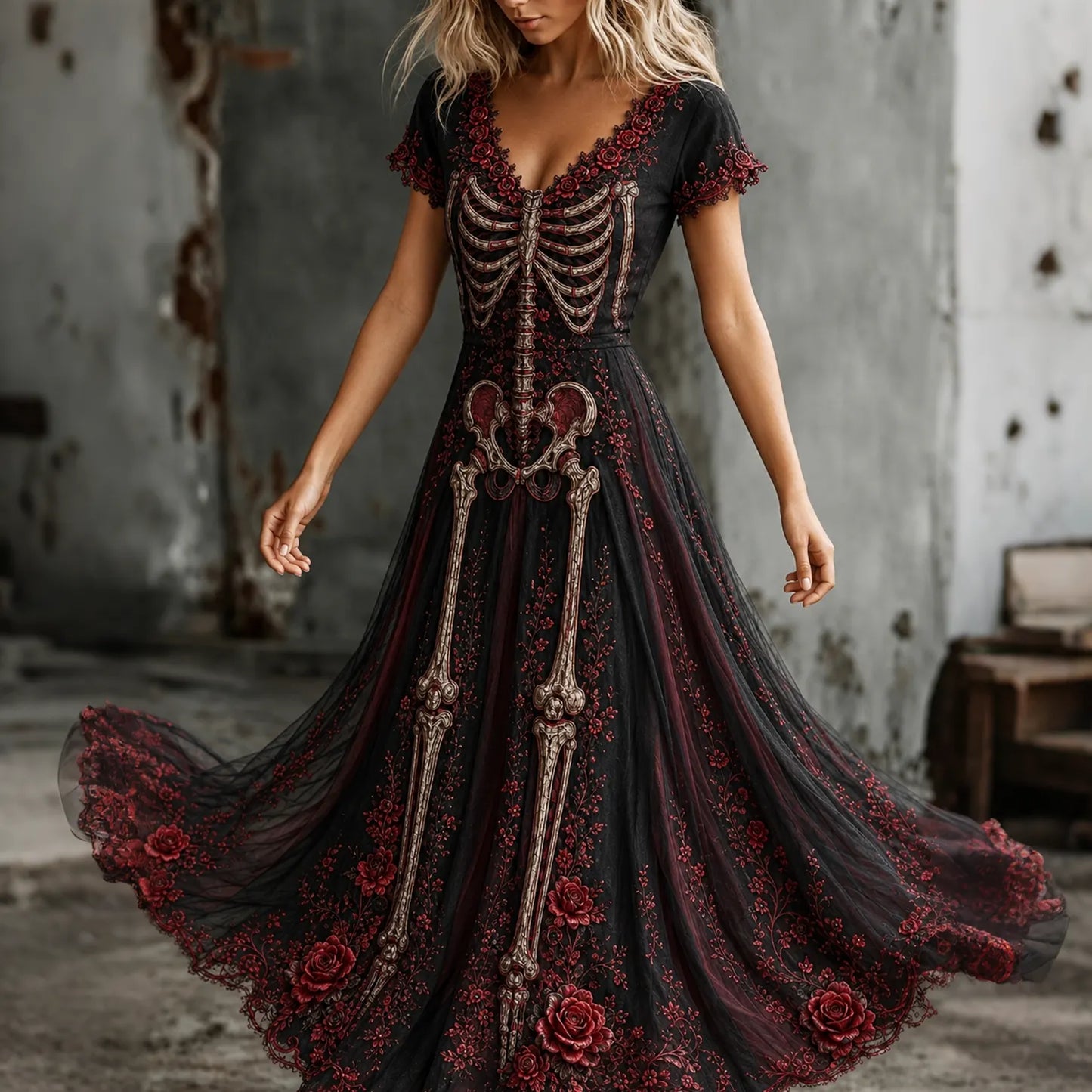 Women's Vintage Skeleton Floral  Art V-neck Short Sleeve Maxi Dress