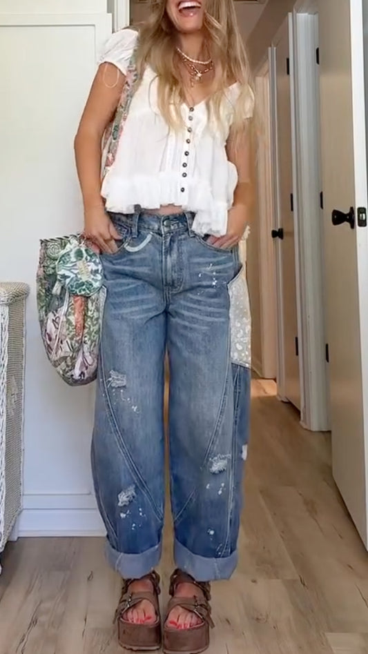 Short‑Sleeve Top & Distressed Patchwork Denim Jeans Co‑Ord Set