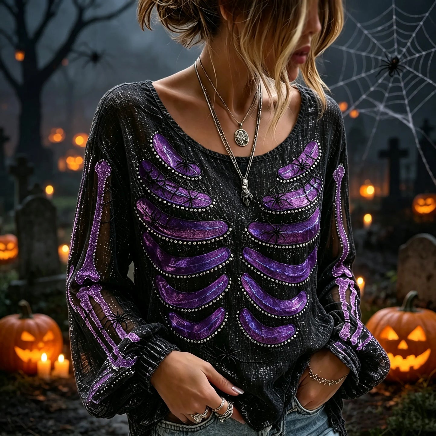 Women's Halloween Purple Skeleton And Spider Web Pattern Casual Long-sleeve T-shirt