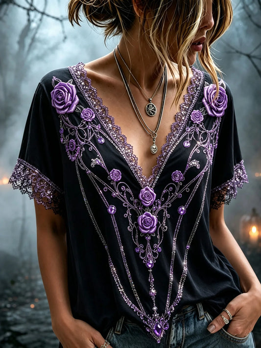 Women Retro Floral Embroidery V Neck Short Sleeve Top