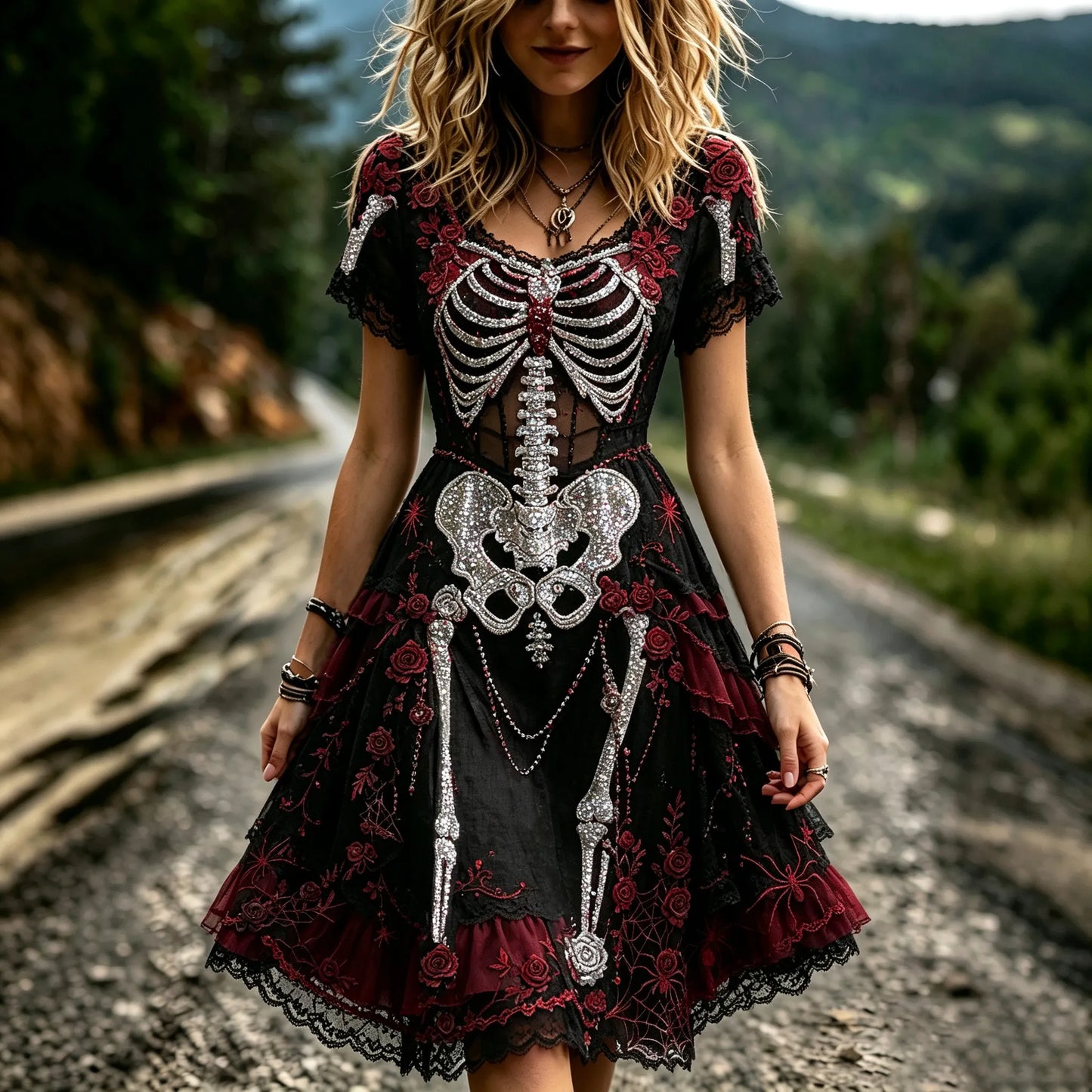Women's Retro Halloween Rose And Human Skeletal Art Pattern Mini Gothic Dress