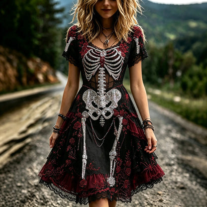 Women's Retro Halloween Rose And Human Skeletal Art Pattern Mini Gothic Dress