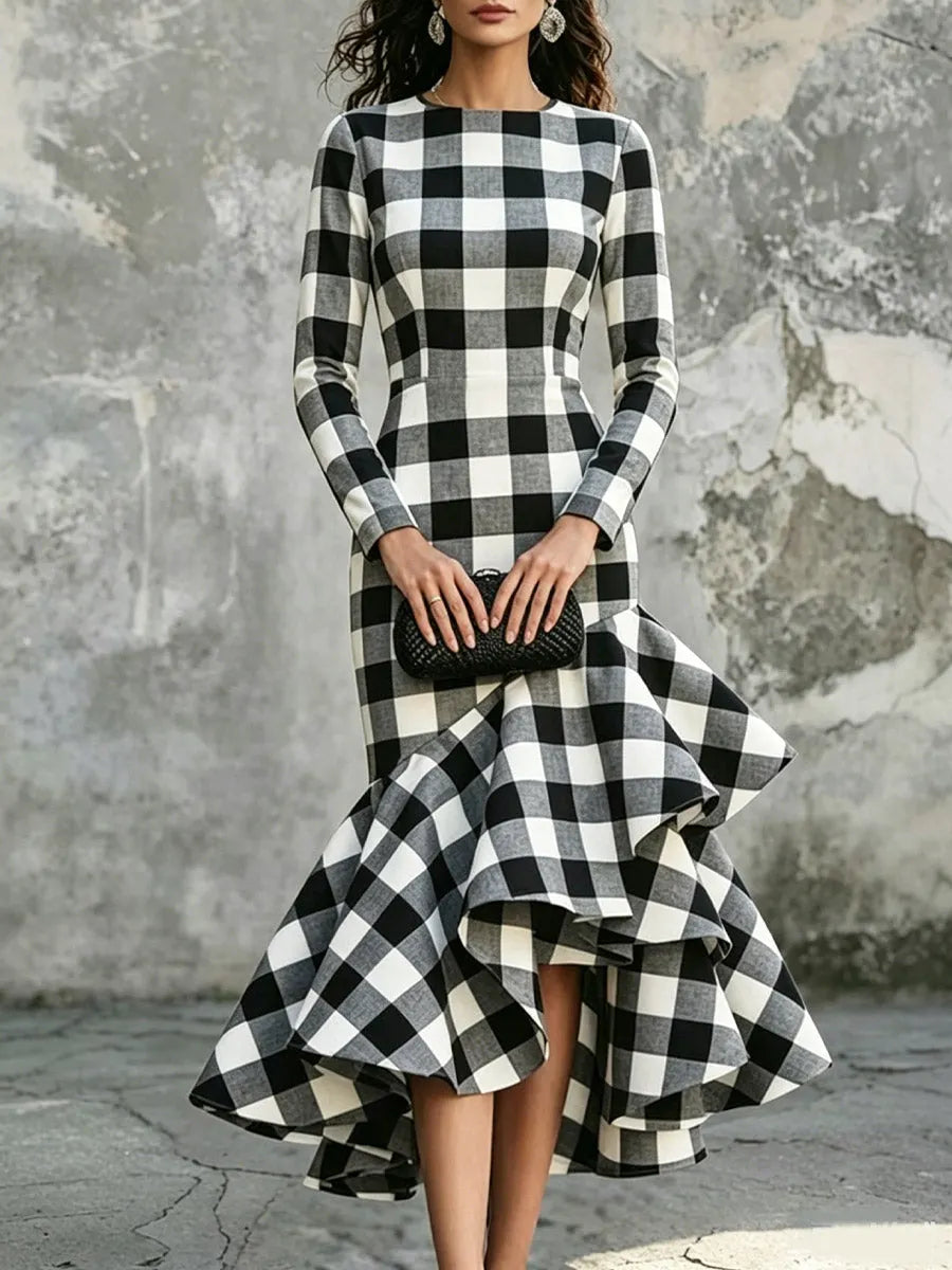 Women's Black White Plaid Ruffled Hem Art Casual Stylish Long Sleeve Dress