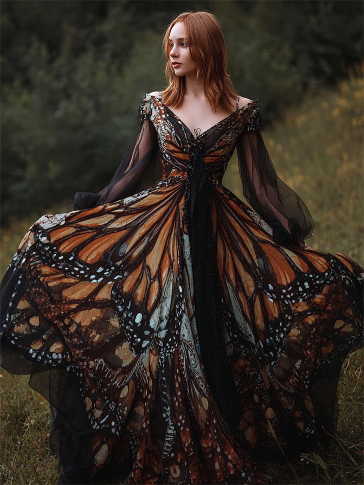Vintage Butterfly Inspired Wide Skirted Flowy Maxi Dress